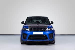 Range Rover Sport SVR -Estoril Blue front view Range Rover Sport Hire Estoril Blue close up