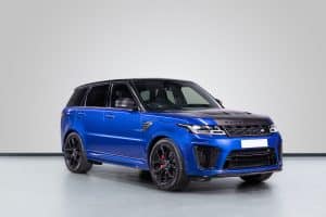 Range Rover Sport SVR -Estoril Blue side front view range rover sport hire