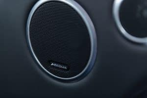 Range Rover Sport SVR -Estoril Blue speaker close up Range Rover Sport car hire speaker close up
