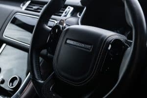 Range Rover Sport SVR -Estoril Blue steering wheel close up